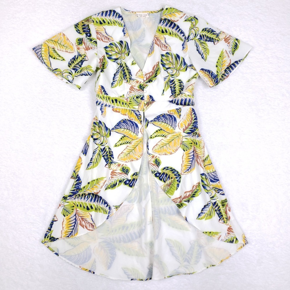 Tea‎ And Cup Tropical Print Midi Cover Dress Button Front Size S Vacation Summer